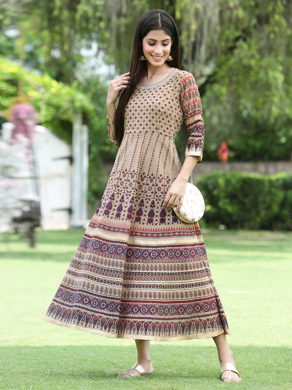 Juniper Women Brown Multi Georgette Festive Printed Flared Anarkali Kurta | Grocsy