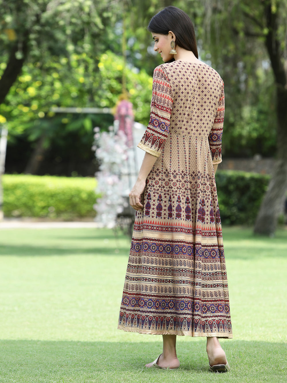 Juniper Women Brown Multi Georgette Festive Printed Flared Anarkali Kurta | Grocsy