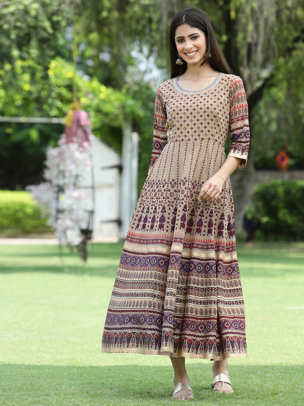 Juniper Women Brown Multi Georgette Festive Printed Flared Anarkali Kurta | Grocsy
