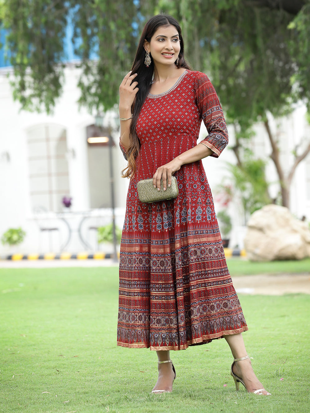 Juniper Women Rust Georgette Festive Printed Flared Anarkali Kurta | Grocsy