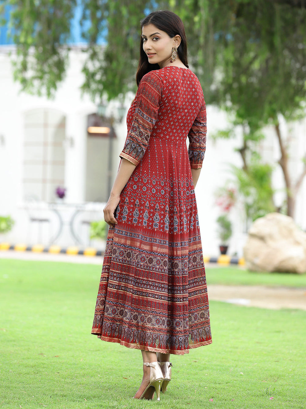 Juniper Women Rust Georgette Festive Printed Flared Anarkali Kurta | Grocsy