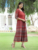 Juniper Women Rust Georgette Festive Printed Flared Anarkali Kurta | Grocsy