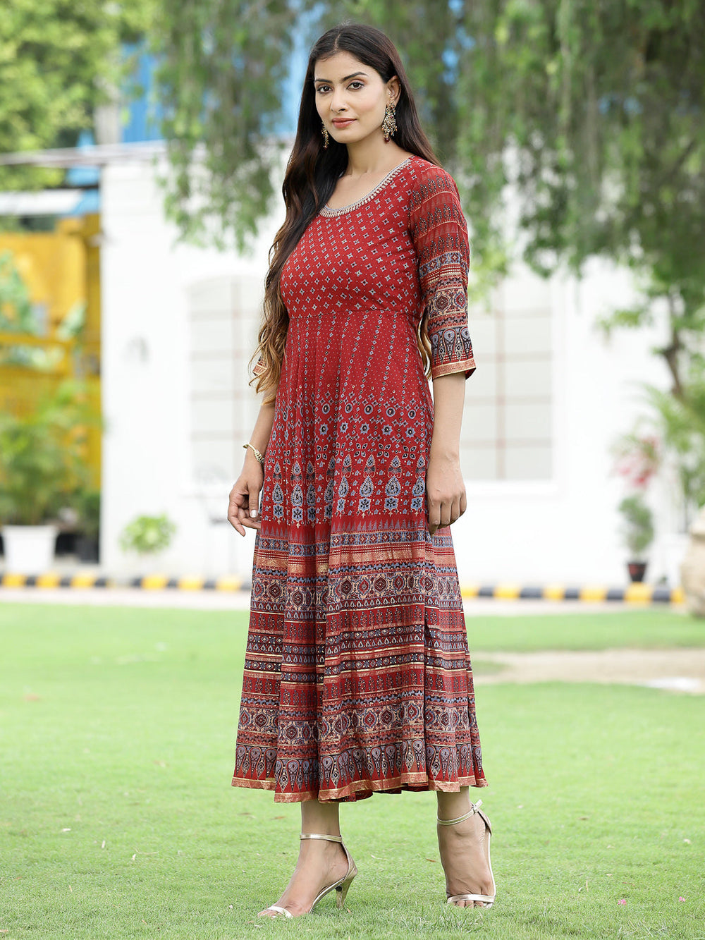 Juniper Women Rust Georgette Festive Printed Flared Anarkali Kurta | Grocsy