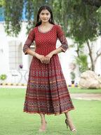 Juniper Women Rust Georgette Festive Printed Flared Anarkali Kurta | Grocsy
