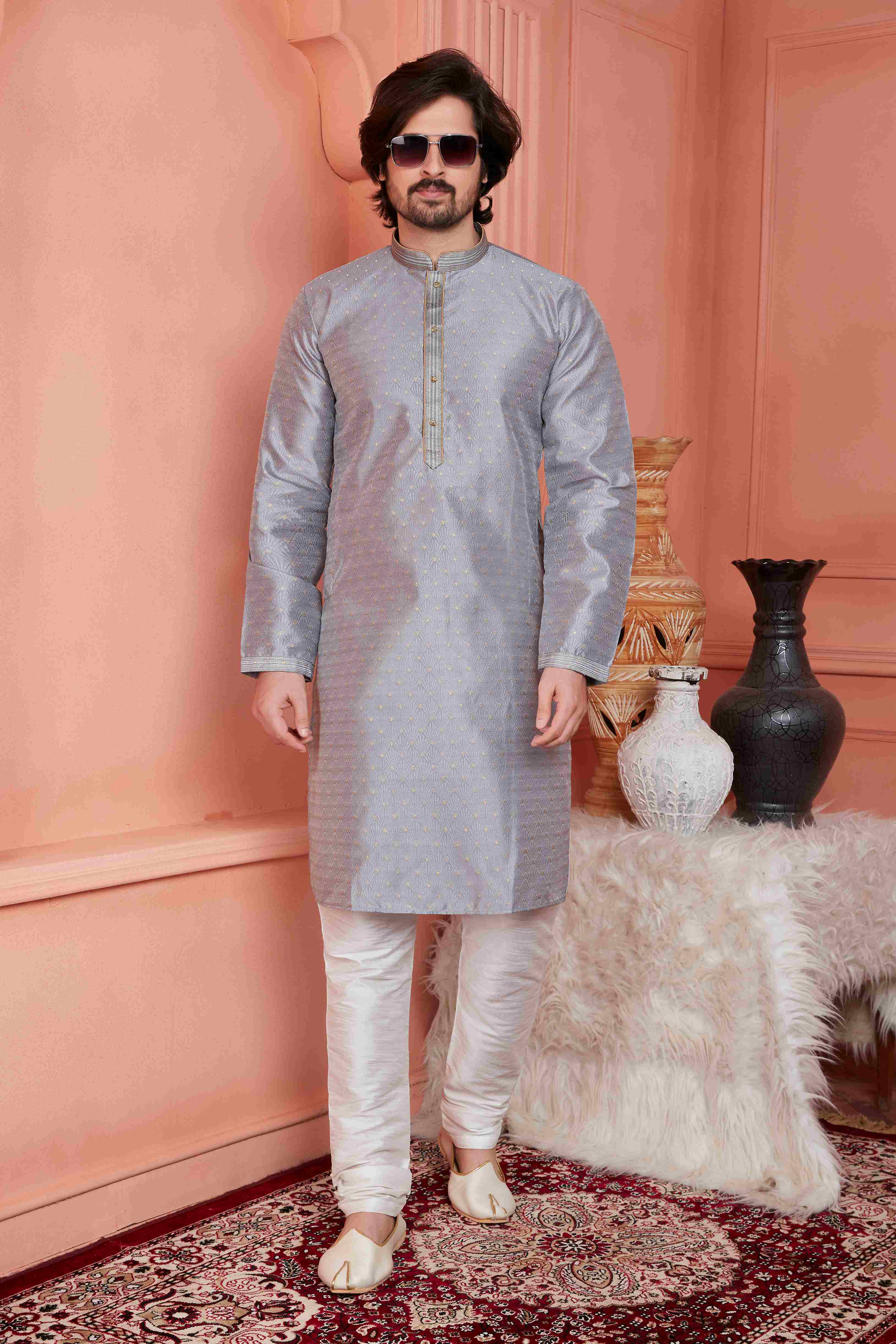 Raivat Ethnic Jacquard Banarasi Silk Pintux Work Kurta Pajama In Grey Colour | Grocsy
