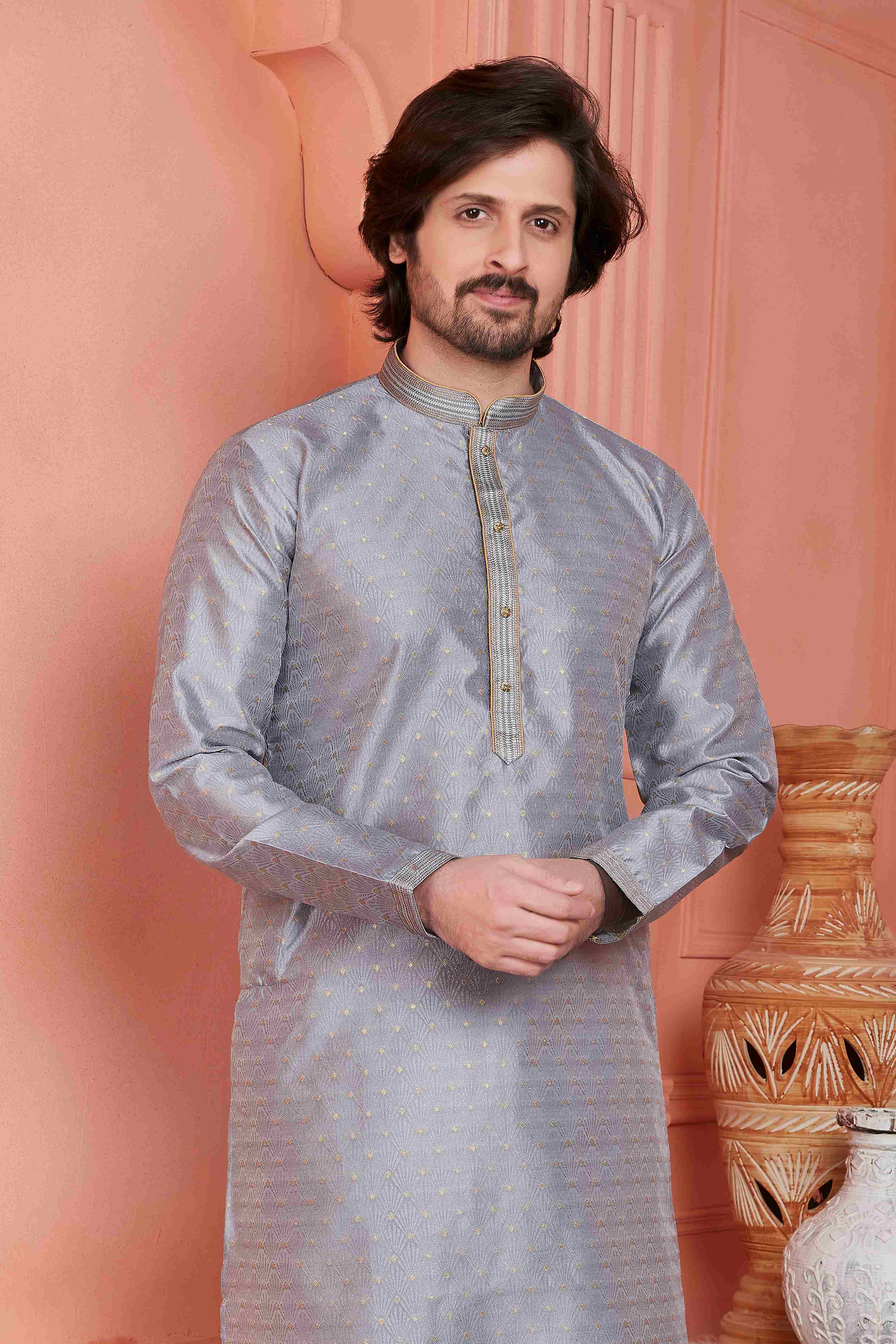 Raivat Ethnic Jacquard Banarasi Silk Pintux Work Kurta Pajama In Grey Colour | Grocsy
