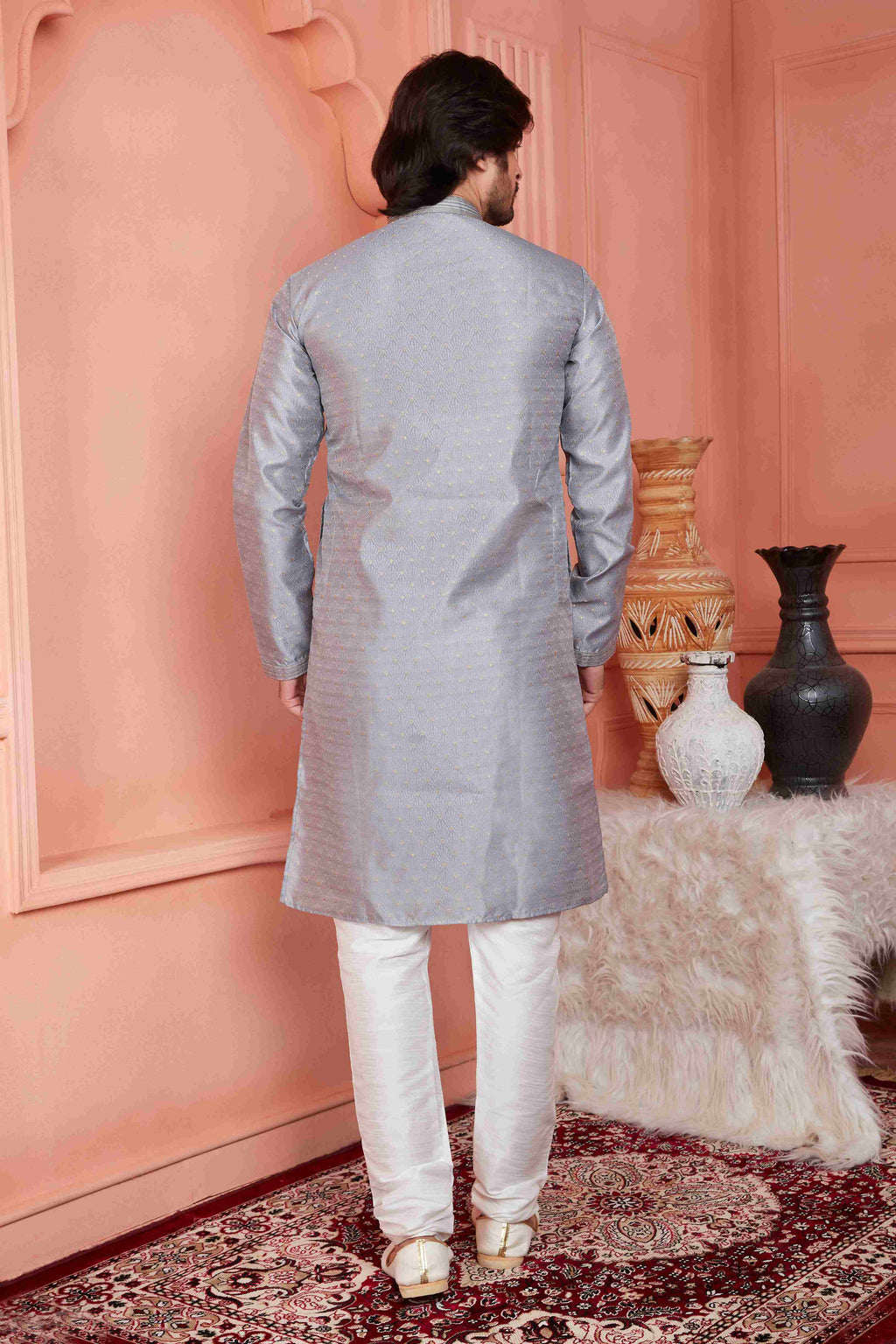 Raivat Ethnic Jacquard Banarasi Silk Pintux Work Kurta Pajama In Grey Colour | Grocsy