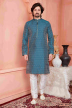 Raivat Ethnic Jacquard Banarasi Silk Pintux Work Kurta Pajama In Blue Colour | Grocsy