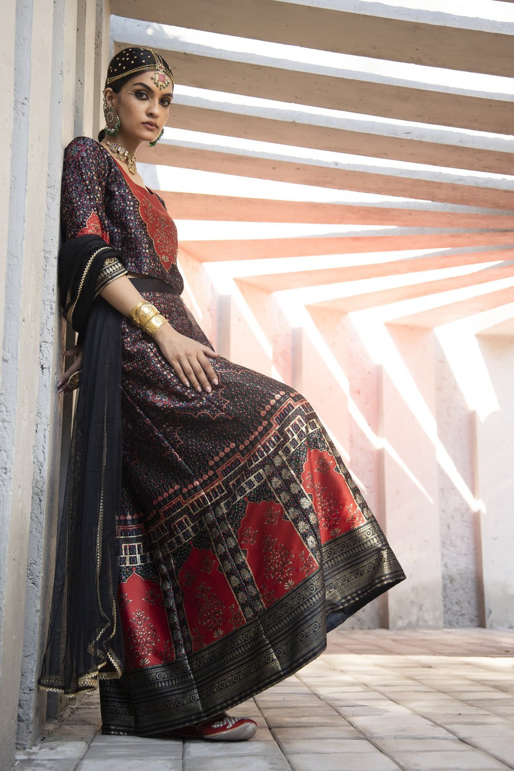 Juniper Black Dull Satin Festive Printed Crop Choli-Skirt Dupatta For Women | Grocsy