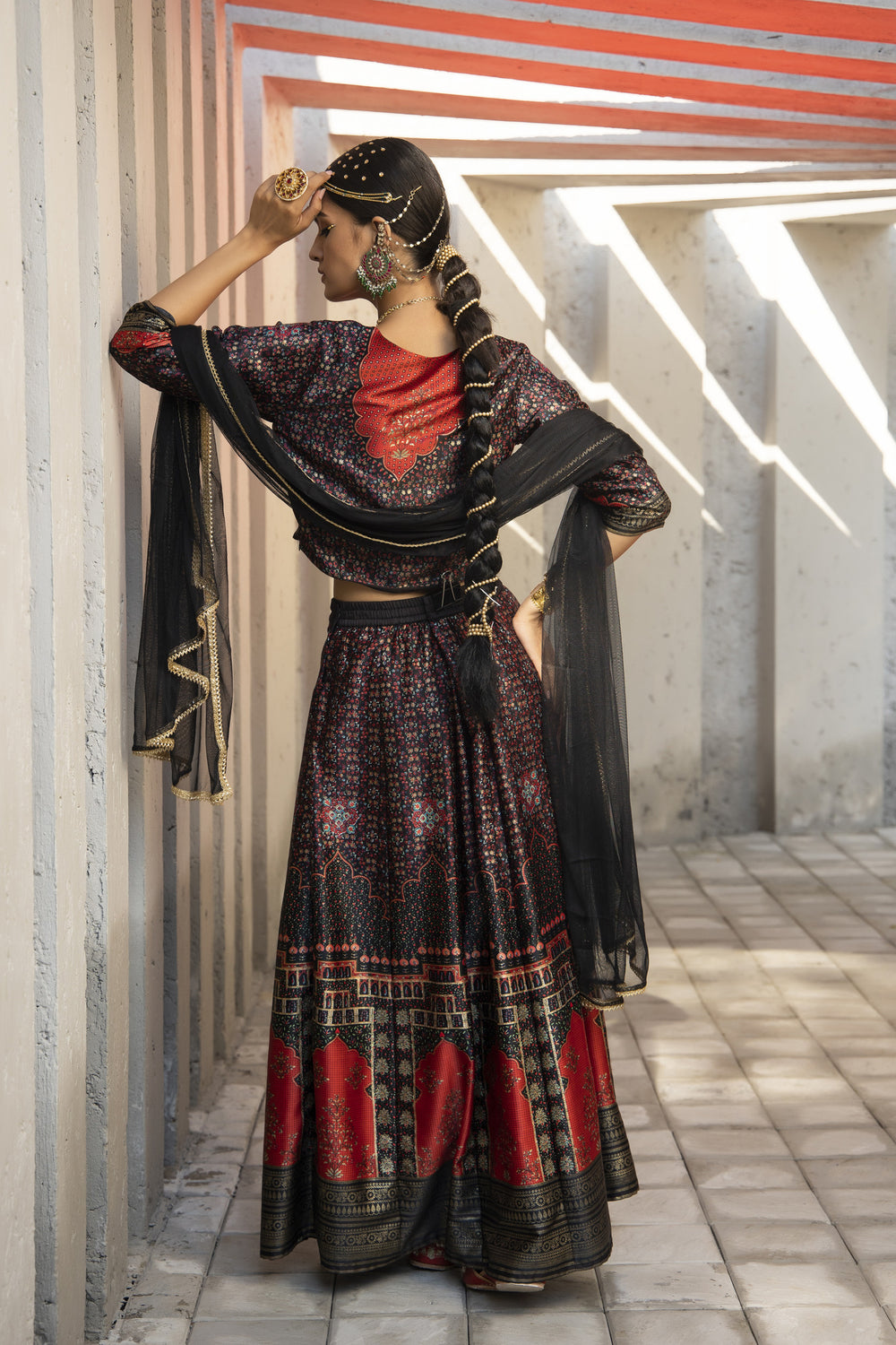 Juniper Black Dull Satin Festive Printed Crop Choli-Skirt Dupatta For Women | Grocsy
