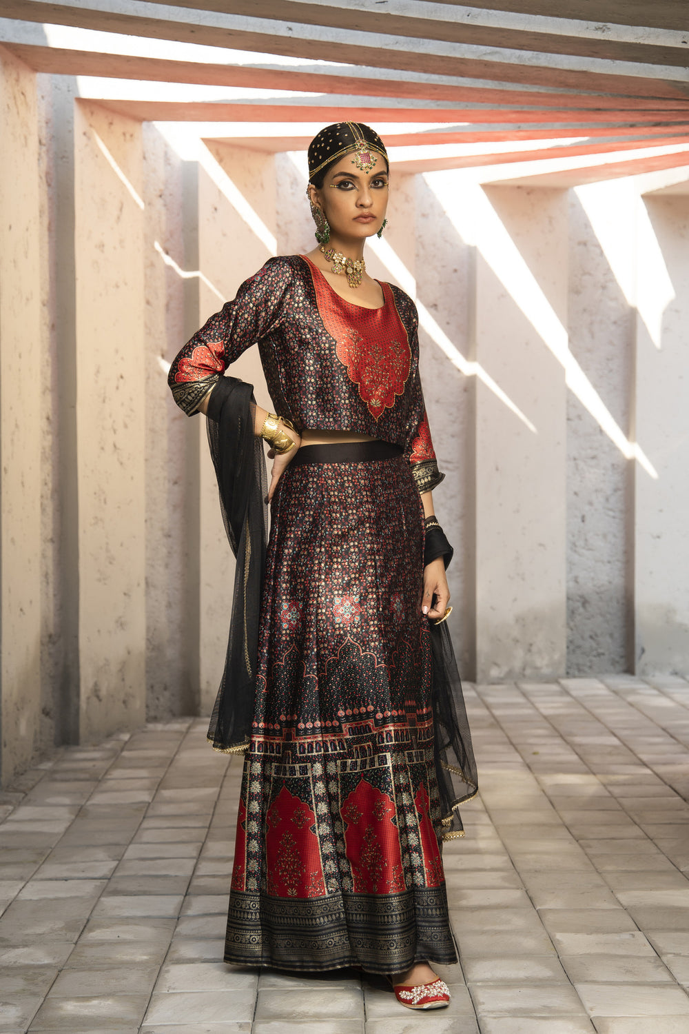 Juniper Black Dull Satin Festive Printed Crop Choli-Skirt Dupatta For Women | Grocsy