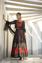 Juniper Black Dull Satin Festive Printed Crop Choli-Skirt Dupatta For Women | Grocsy