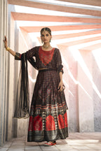 Juniper Black Dull Satin Festive Printed Crop Choli-Skirt Dupatta For Women | Grocsy