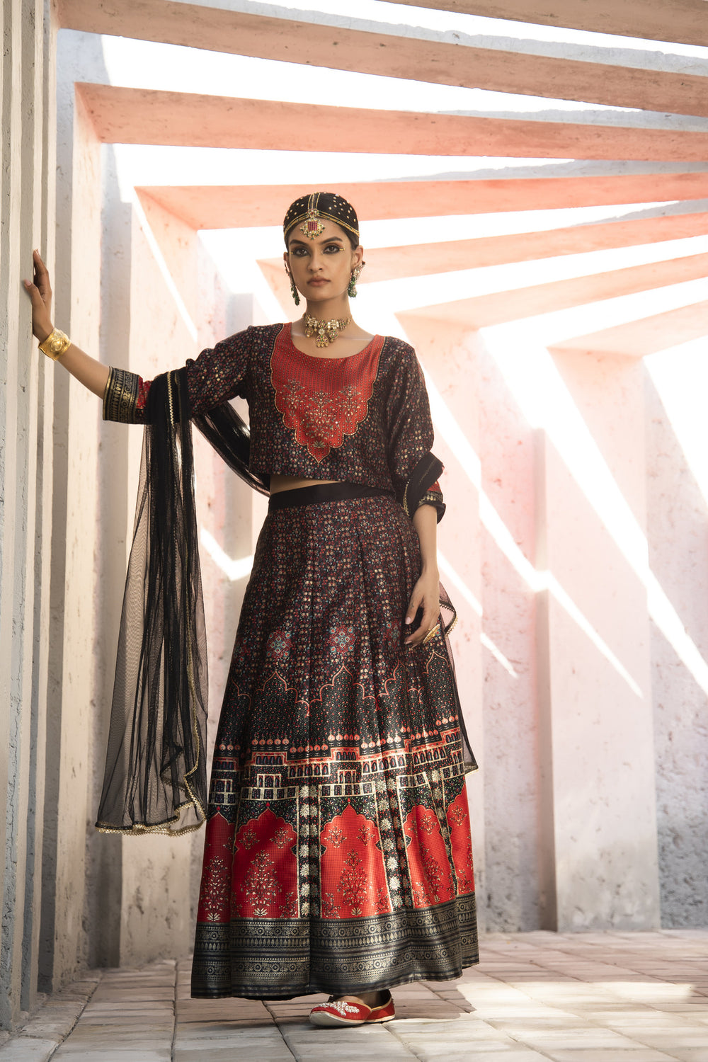 Juniper Black Dull Satin Festive Printed Crop Choli-Skirt Dupatta For Women | Grocsy