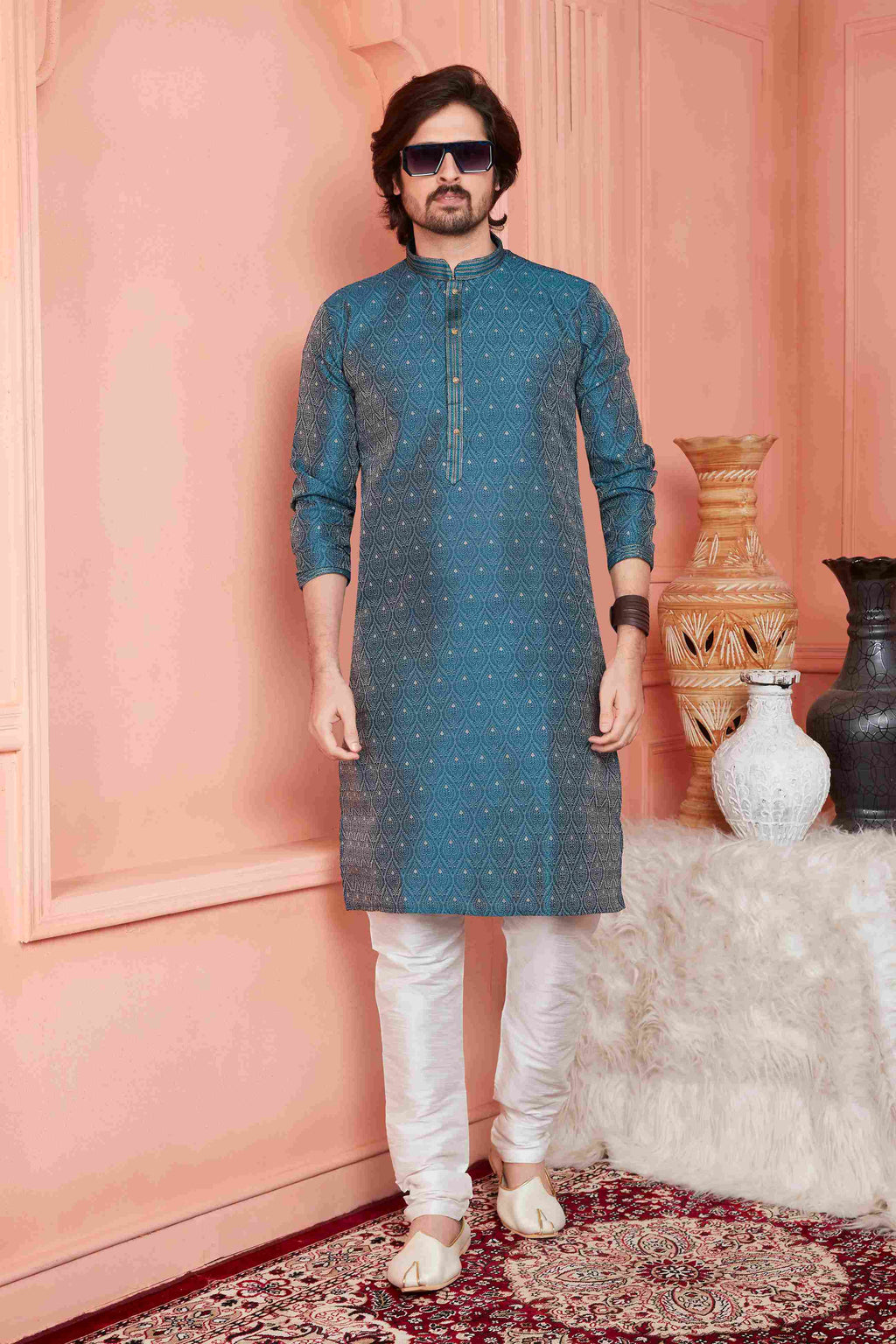 Raivat Ethnic Jacquard Banarasi Silk Pintux Work Kurta Pajama In Blue Colour | Grocsy
