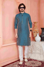 Raivat Ethnic Jacquard Banarasi Silk Pintux Work Kurta Pajama In Blue Colour | Grocsy