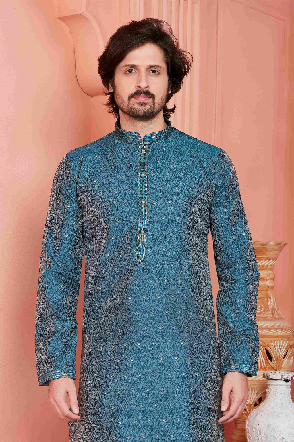 Raivat Ethnic Jacquard Banarasi Silk Pintux Work Kurta Pajama In Blue Colour | Grocsy