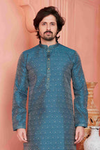 Raivat Ethnic Jacquard Banarasi Silk Pintux Work Kurta Pajama In Blue Colour | Grocsy