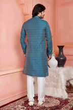 Raivat Ethnic Jacquard Banarasi Silk Pintux Work Kurta Pajama In Blue Colour | Grocsy