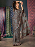 Saree Mall Brown & Blue Ethnic Motifs Printed Pure Crepe Block Print Saree | Grocsy