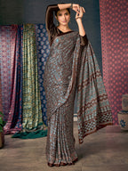 Saree Mall Brown & Blue Ethnic Motifs Printed Pure Crepe Block Print Saree | Grocsy