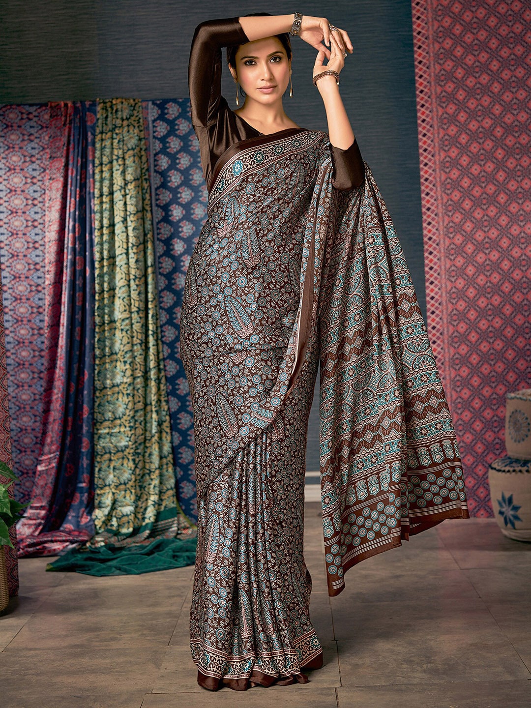 Saree Mall Brown & Blue Ethnic Motifs Printed Pure Crepe Block Print Saree | Grocsy