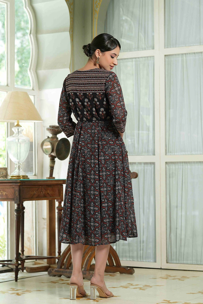 Juniper Black Georgette Festive Printed Anarkali Flared Anarkali Kurta For Women | Grocsy