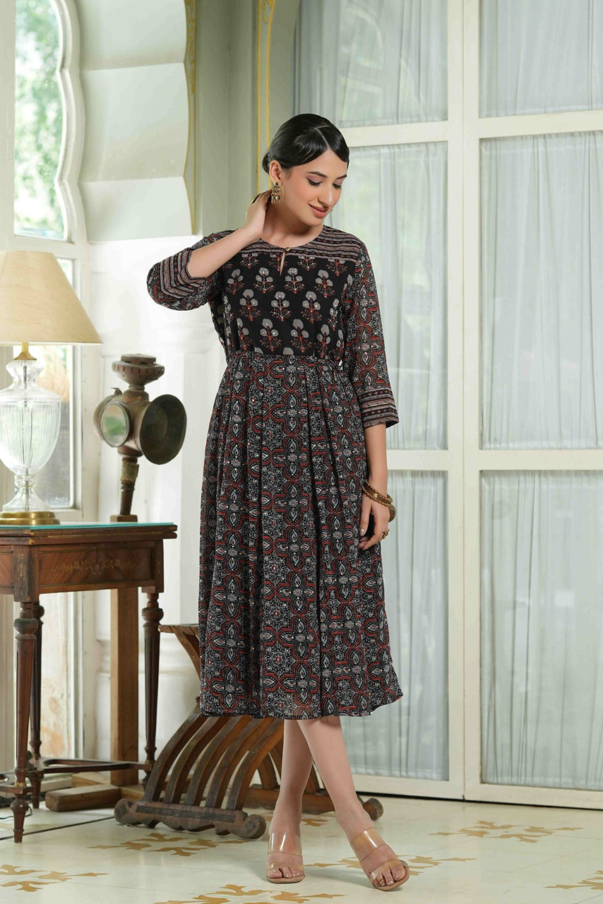Juniper Black Georgette Festive Printed Anarkali Flared Anarkali Kurta For Women | Grocsy