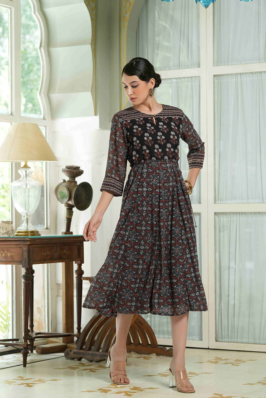 Juniper Black Georgette Festive Printed Anarkali Flared Anarkali Kurta For Women | Grocsy