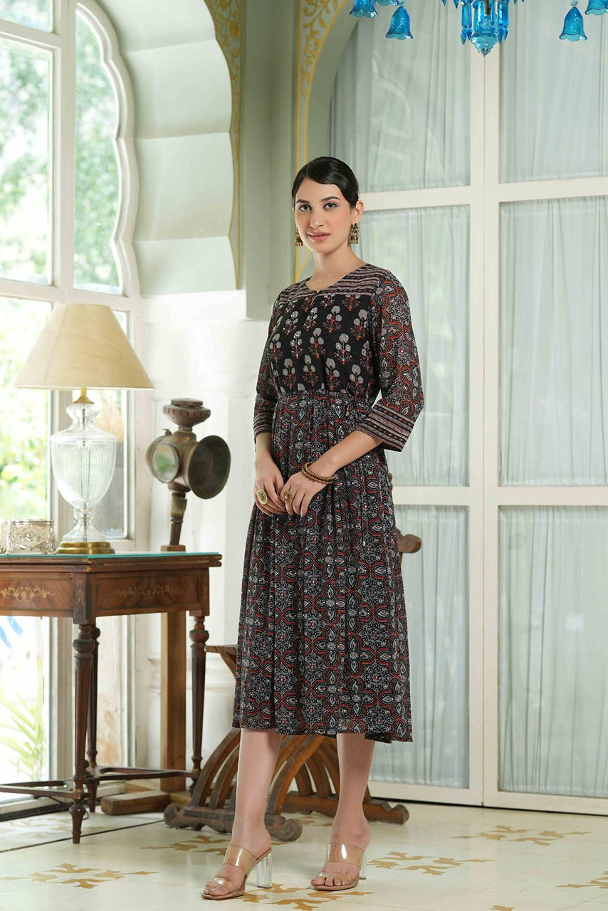 Juniper Black Georgette Festive Printed Anarkali Flared Anarkali Kurta For Women | Grocsy