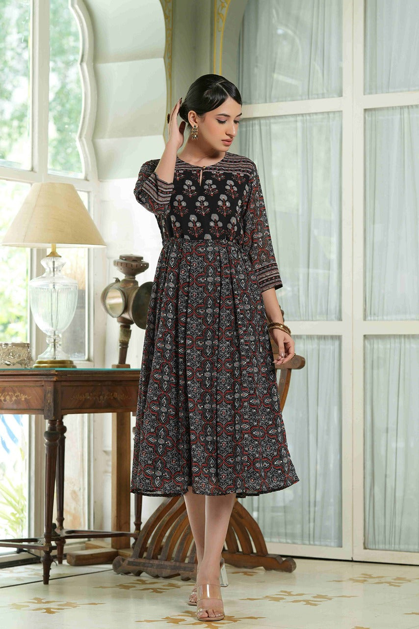 Juniper Black Georgette Festive Printed Anarkali Flared Anarkali Kurta For Women | Grocsy
