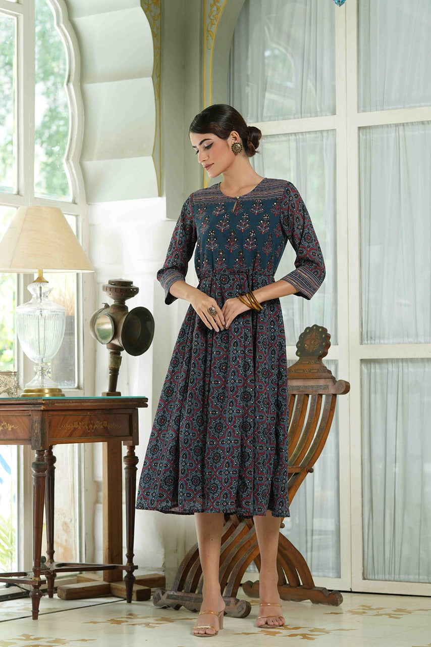 Juniper Indigo Georgette Festive Printed Anarkali Flared Anarkali Kurta For Women | Grocsy