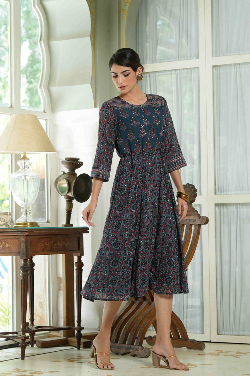 Juniper Indigo Georgette Festive Printed Anarkali Flared Anarkali Kurta For Women | Grocsy