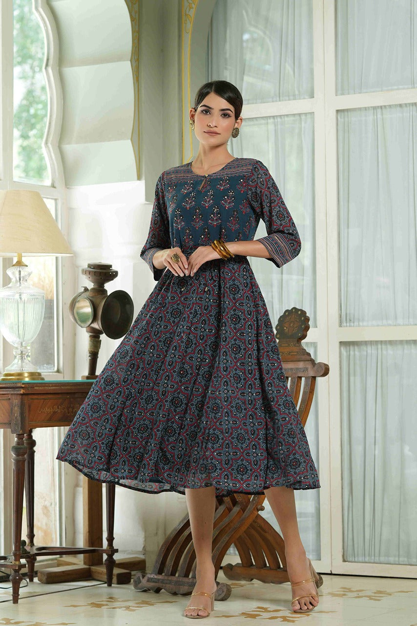 Juniper Indigo Georgette Festive Printed Anarkali Flared Anarkali Kurta For Women | Grocsy