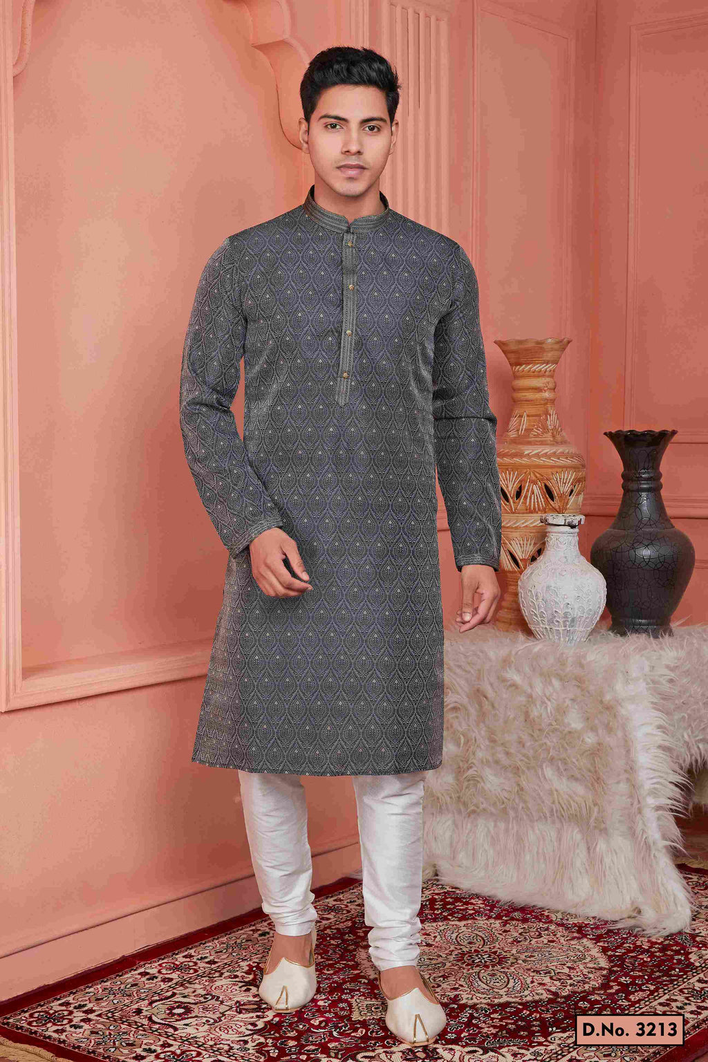 Raivat Ethnic Jacquard Banarasi Silk Pintux Work Kurta Pajama In Grey Colour | Grocsy