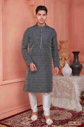 Raivat Ethnic Jacquard Banarasi Silk Pintux Work Kurta Pajama In Grey Colour | Grocsy