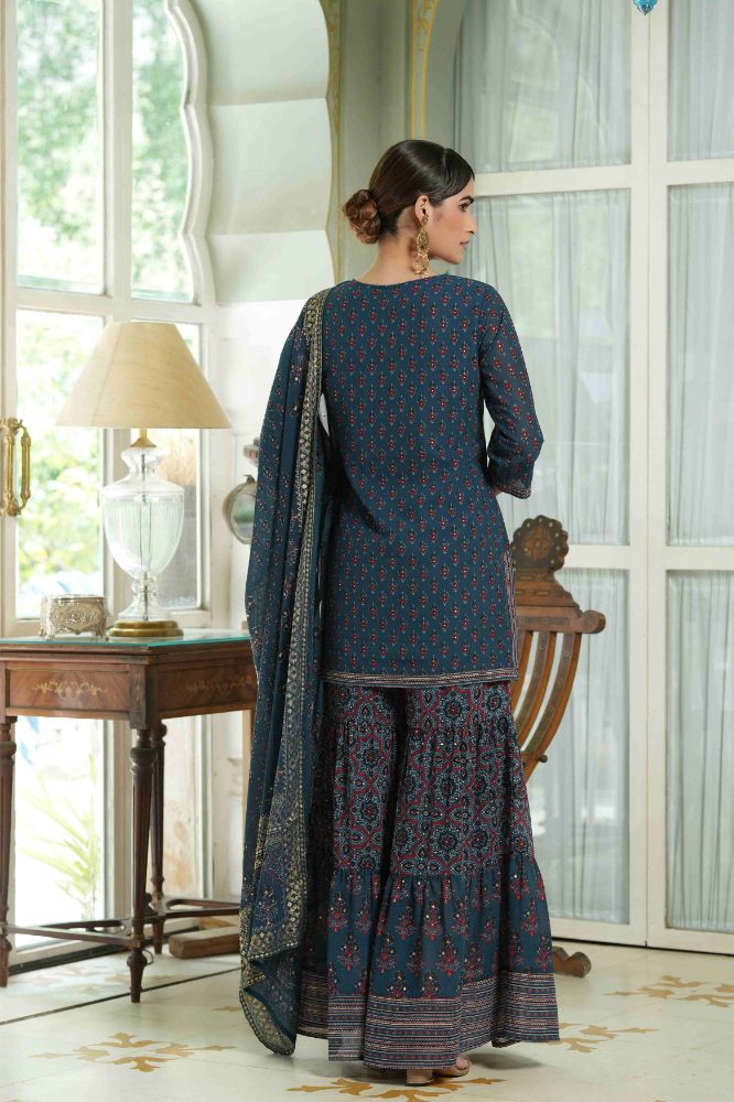 Juniper Teal Georgette Festive Floral Print Straight Tunic-Sharara Dupatta For Women | Grocsy