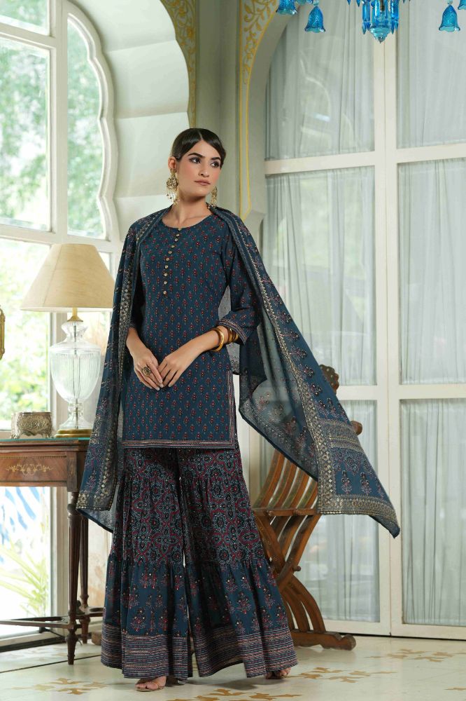 Juniper Teal Georgette Festive Floral Print Straight Tunic-Sharara Dupatta For Women | Grocsy