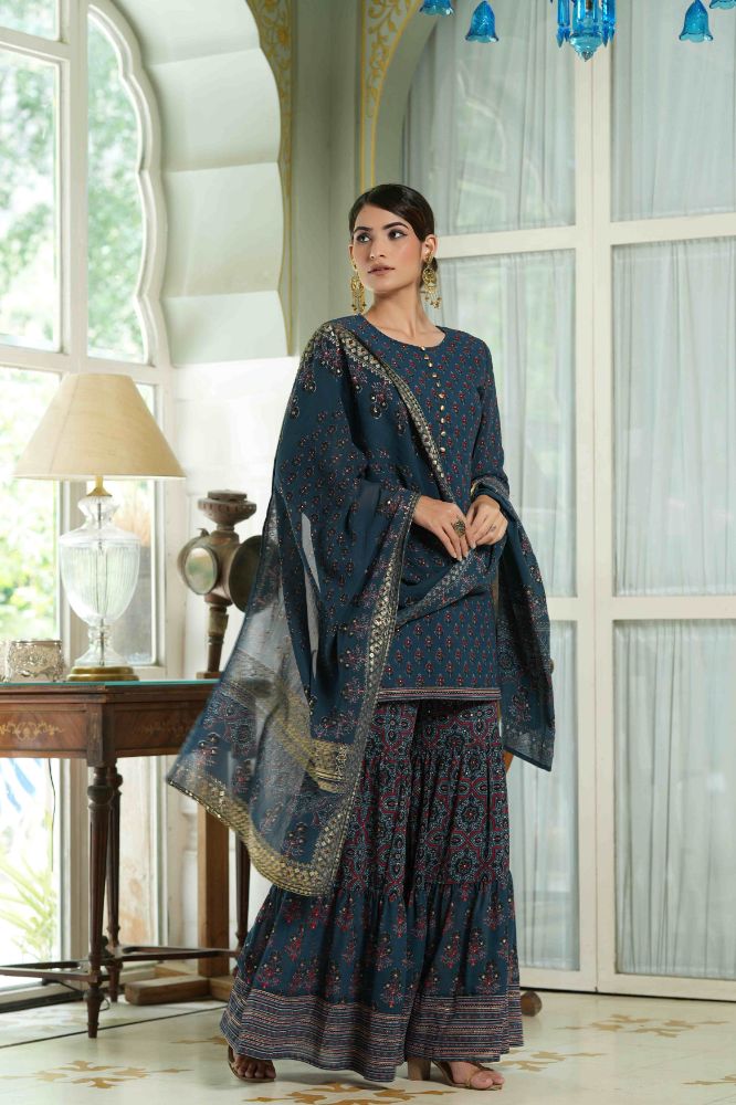 Juniper Teal Georgette Festive Floral Print Straight Tunic-Sharara Dupatta For Women | Grocsy