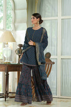 Juniper Teal Georgette Festive Floral Print Straight Tunic-Sharara Dupatta For Women | Grocsy