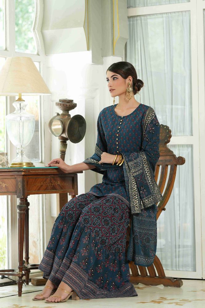 Juniper Teal Georgette Festive Floral Print Straight Tunic-Sharara Dupatta For Women | Grocsy