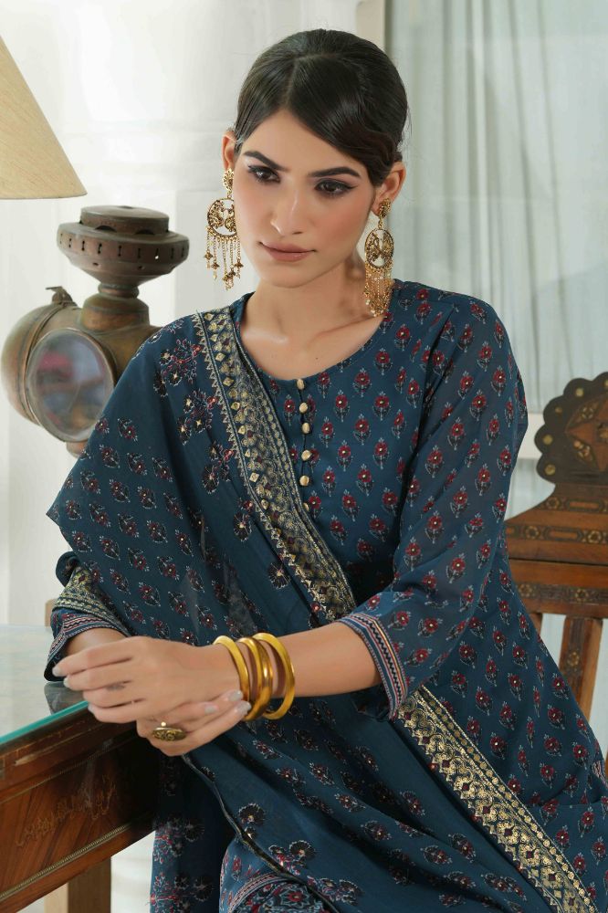 Juniper Teal Georgette Festive Floral Print Straight Tunic-Sharara Dupatta For Women | Grocsy