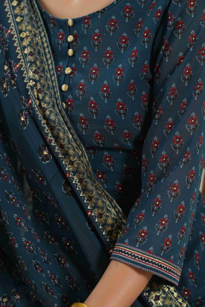 Juniper Teal Georgette Festive Floral Print Straight Tunic-Sharara Dupatta For Women | Grocsy