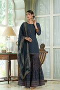 Juniper Teal Georgette Festive Floral Print Straight Tunic-Sharara Dupatta For Women | Grocsy