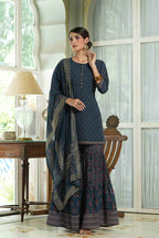 Juniper Teal Georgette Festive Floral Print Straight Tunic-Sharara Dupatta For Women | Grocsy
