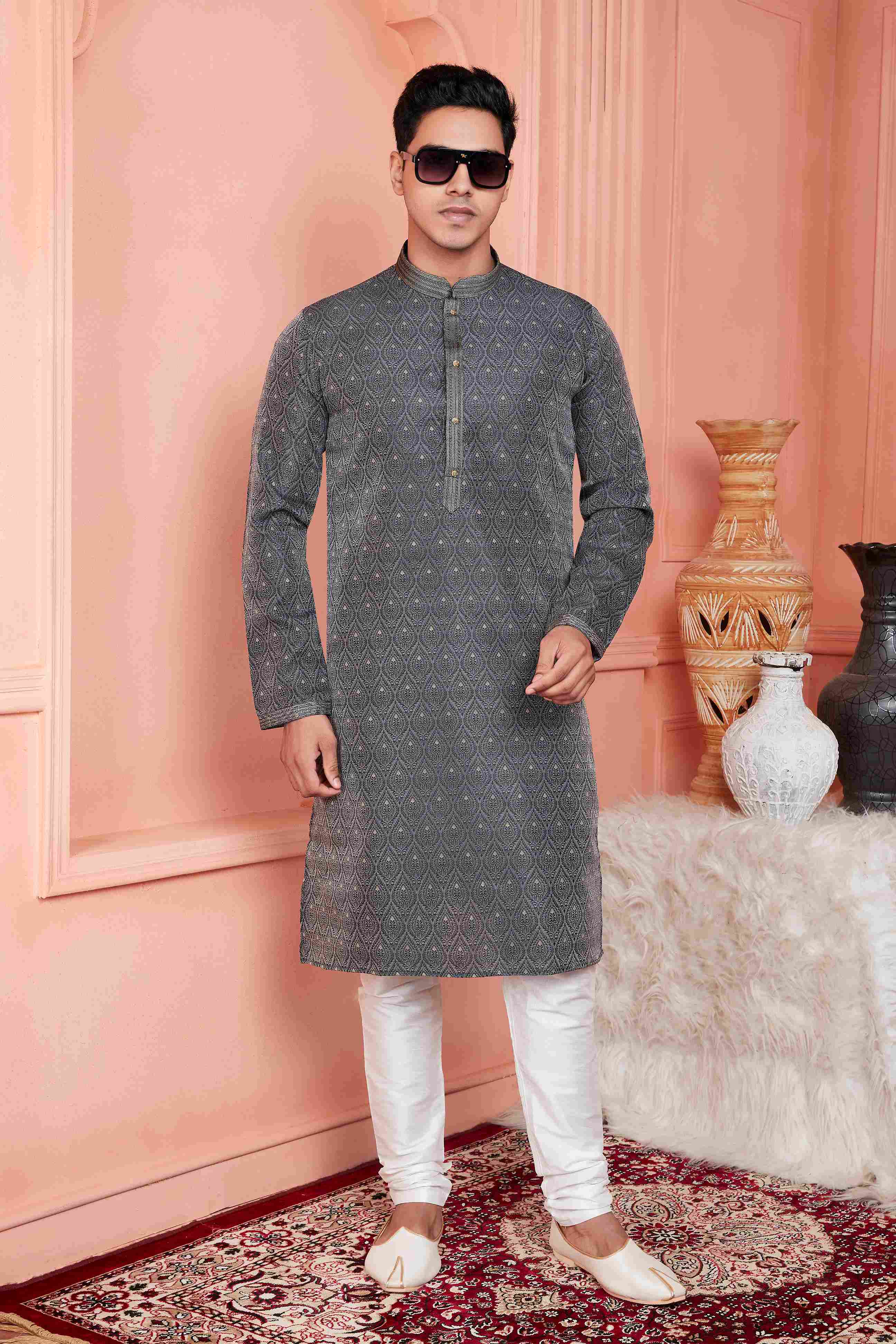 Raivat Ethnic Jacquard Banarasi Silk Pintux Work Kurta Pajama In Grey Colour | Grocsy