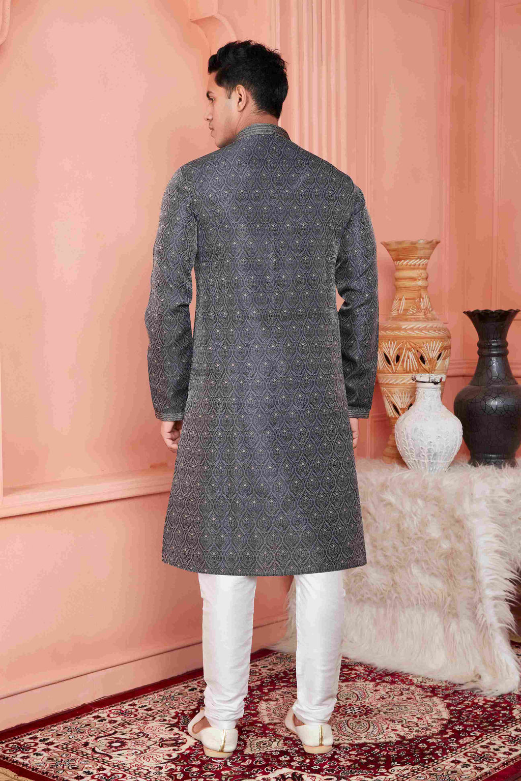Raivat Ethnic Jacquard Banarasi Silk Pintux Work Kurta Pajama In Grey Colour | Grocsy
