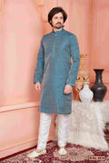 Raivat Ethnic Jacquard Banarasi Silk Pintux Work Kurta Pajama In Teal Blue Colour | Grocsy