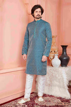 Raivat Ethnic Jacquard Banarasi Silk Pintux Work Kurta Pajama In Teal Blue Colour | Grocsy