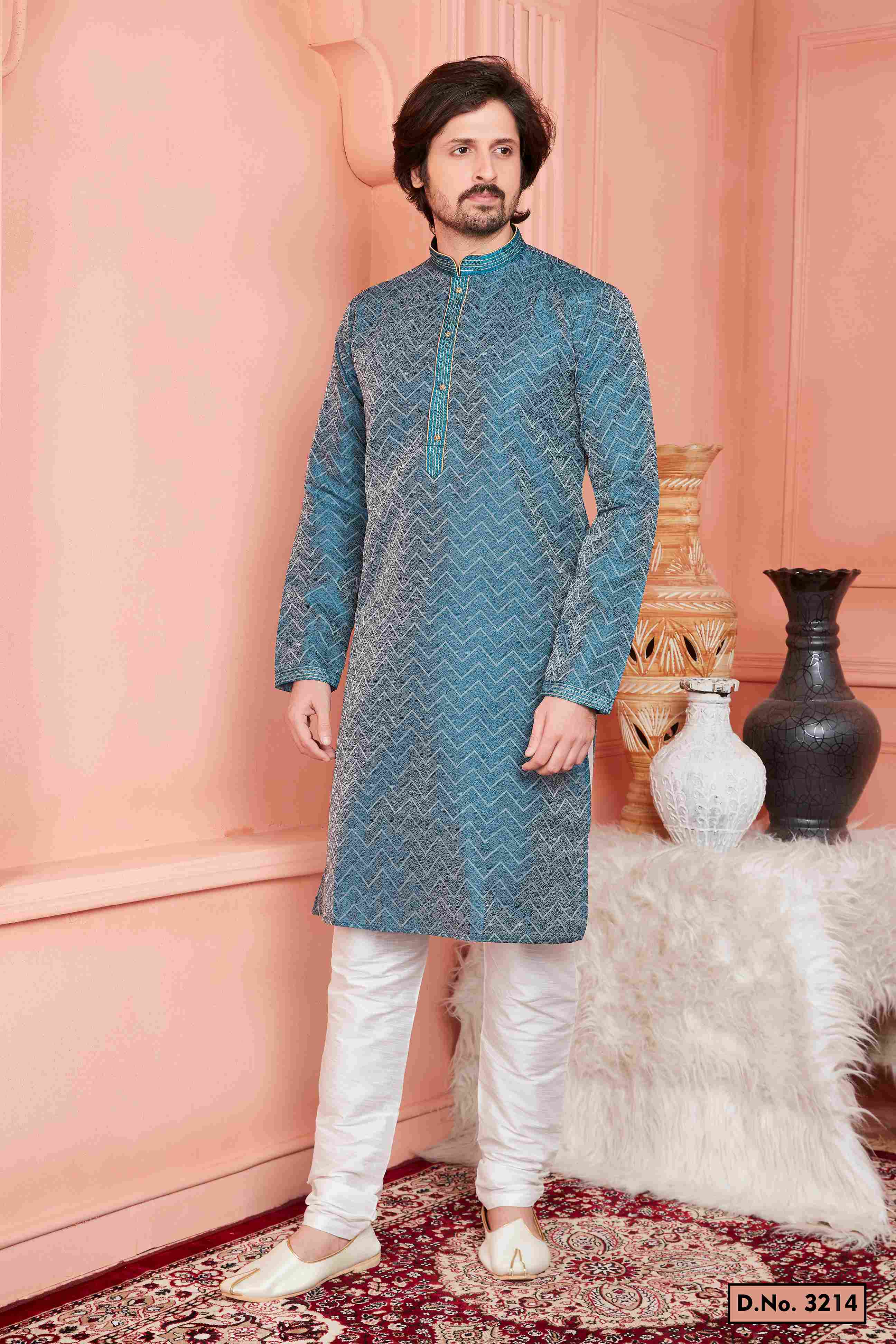 Raivat Ethnic Jacquard Banarasi Silk Pintux Work Kurta Pajama In Teal Blue Colour | Grocsy